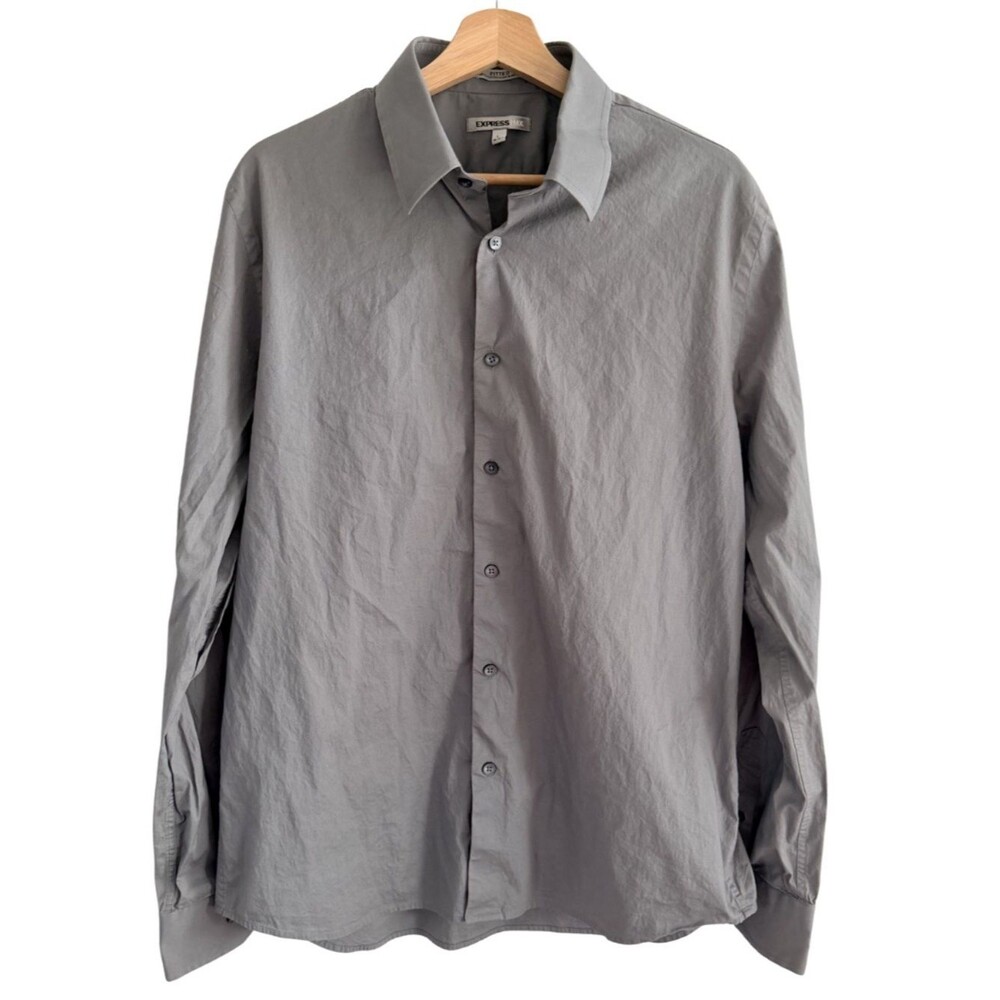 Express 1MX Fitted Dress Shirt Gray Stretch Cotton Mens Large